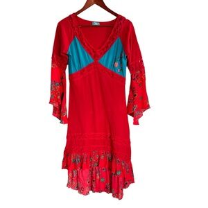 Coline Red Boho Hippie Floral High Low Dress With Flat Lace Details Size Large